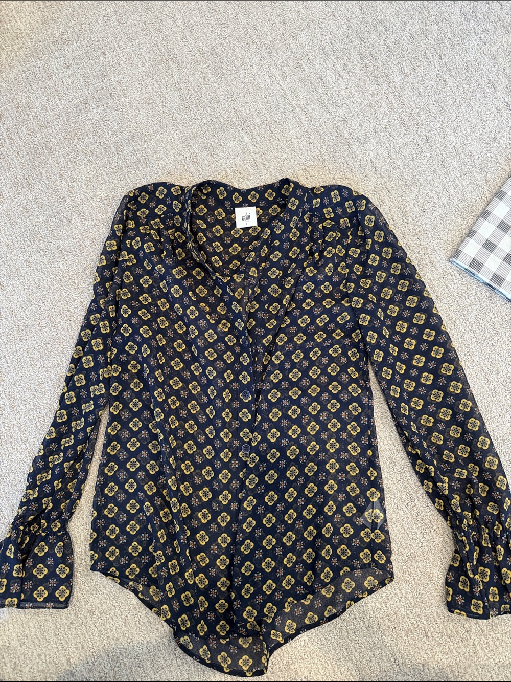 a new day Navy Button-Down Blouse with Gold Floral Print